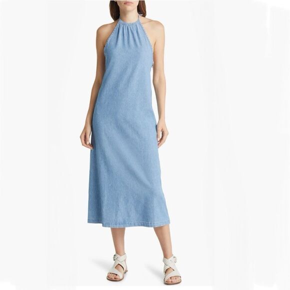NWT Rag & Bone Zoe Halter Light Wash Denim Midi Dress Size M - Picture 1 of 12